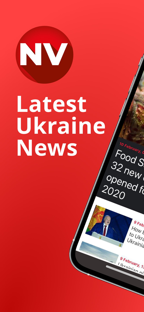 The New Voice of Ukraine - ウクライナの新声アプリのスクリーンショット。携帯電話に最新ニュースの見出しが表示されている様子。