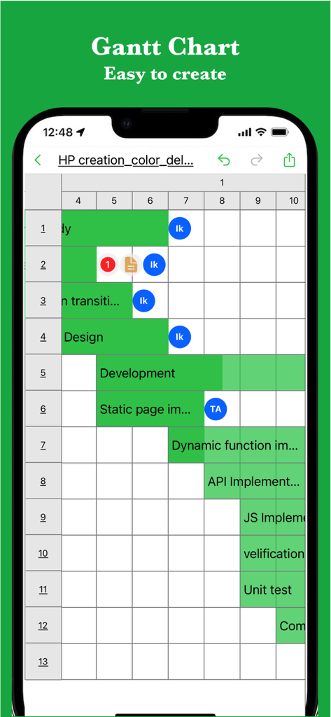 iGanttChart: Gantt Chart App - Mobile application interface displaying a green Gantt chart for project tracking and task assignment.