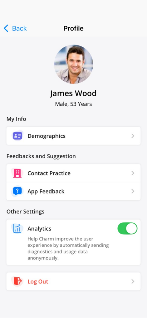 User profile screen of the Charm mPHR app showing personal information and settings for James Wood
