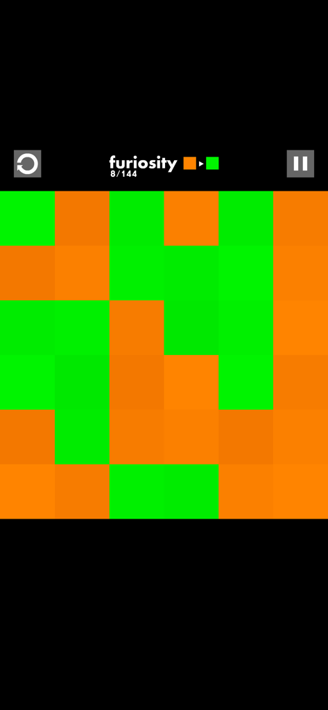 Minimalist logic puzzle in Furiosity showing a grid of orange and green squares
