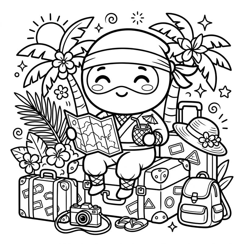 Get ready for adventure with this adorable Kawaii Ninja on Vacation coloring page. Our super cute ninja is packed and ready to explore, surrounded by tropical fun.