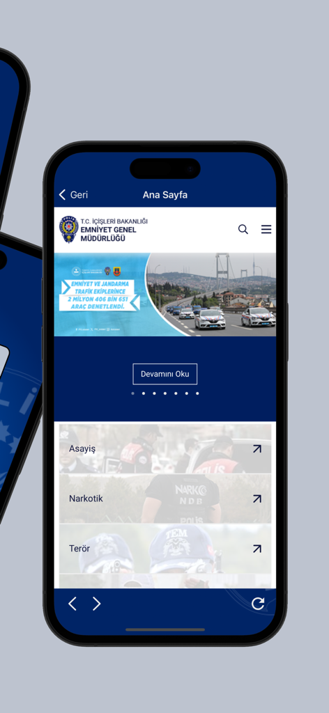 EGM Mobil - La schermata principale dell'app EGM Mobil con categorie di notizie e sicurezza come stupefacenti e terrorismo.