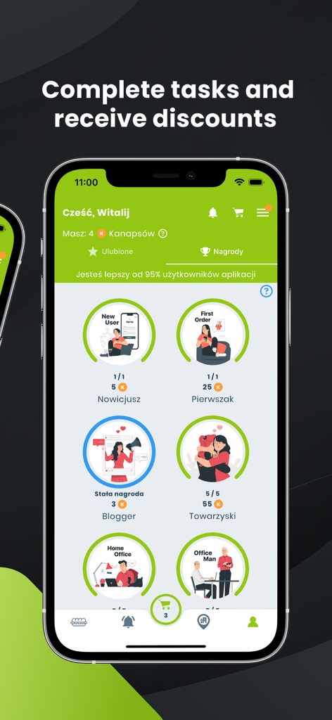 KanapkaMan app screen displaying loyalty program tasks and rewards for users to earn discounts.