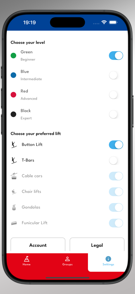 Menú de configuración para seleccionar el nivel de esquí y las preferencias del remonte en la aplicación Piste Mapper Tignes