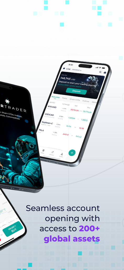 Dispositivos móviles mostrando la interfaz de la aplicación STARTRADER con listas de seguimiento de operaciones y activos globales