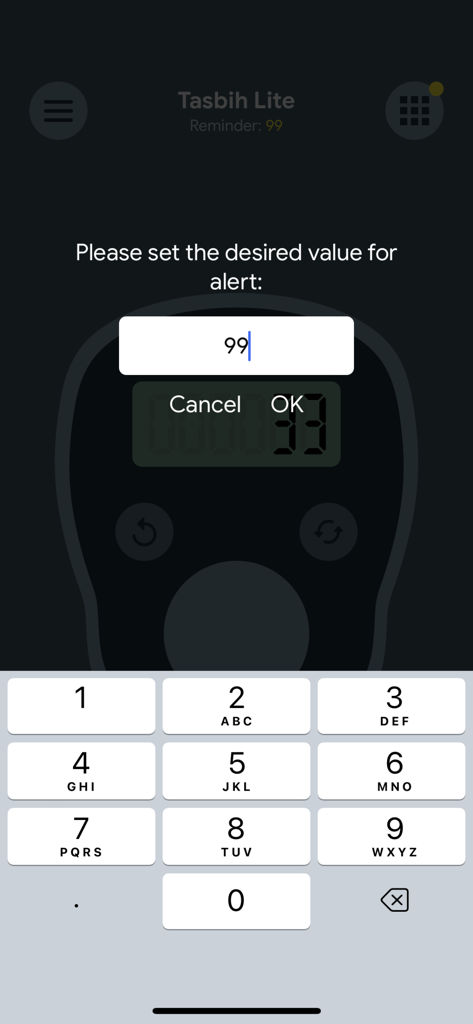 Setting a prayer count alert value in the Tasbih Counter Lite app
