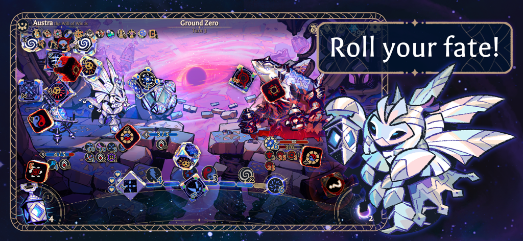 Astrea: Six-Sided Oracles - Astrea Six Sided Oraclesのゲームプレイ、ダイスバトルと神秘的なキャラクターを表示