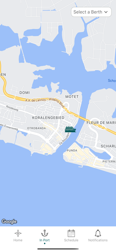 CPA Cruise - A map of the Willemstad port in the CPA Cruise app showing the current location of cruise ships in port.