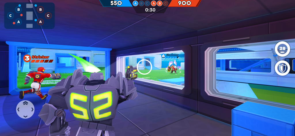 カラフルな未来的な屋内アリーナで様式化されたキャラクターを示す三人称ゲームプレイビュー