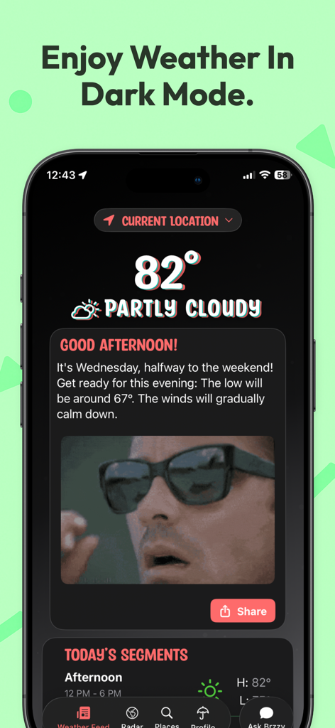 Brzzy Weather - Interfaz de la aplicación Brzzy Weather en modo oscuro que muestra una temperatura de 28 grados Celsius y un GIF meteorológico divertido.