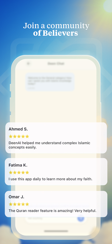 Screenshot of the Deen Chat app community page featuring five star user testimonials and reviews
