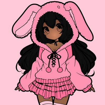 pretty anime girl wearing a fluffy hoodie with bunny ears on the hood and a skirt