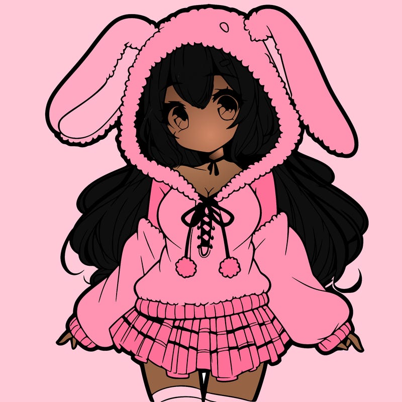 pretty anime girl wearing a fluffy hoodie with bunny ears on the hood and a skirt