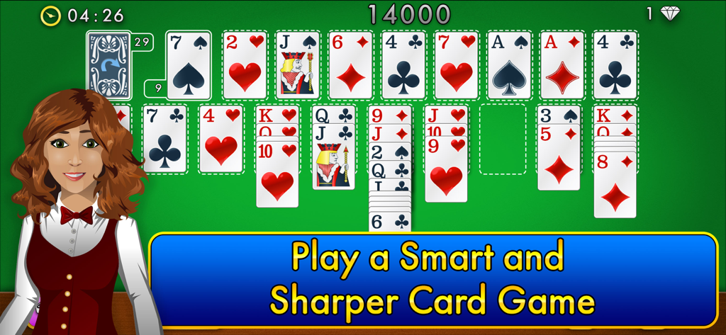 Une disposition de jeu de cartes Forty Thieves Solitaire difficile sur une table en velours vert avec un avatar de croupier.