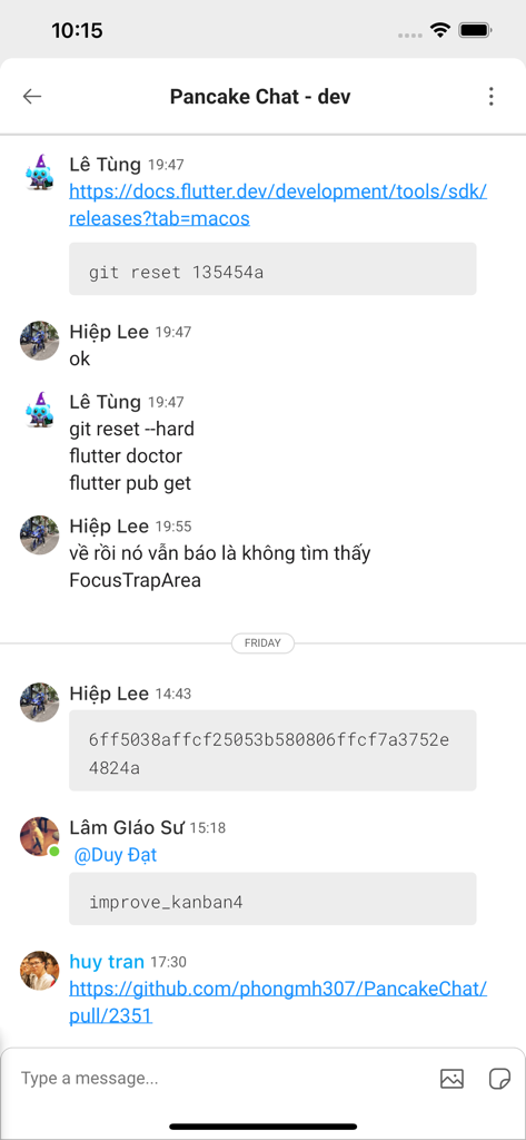 Pancake Work - A group chat interface in the Pancake Work app showing team members sharing code snippets and developer links.