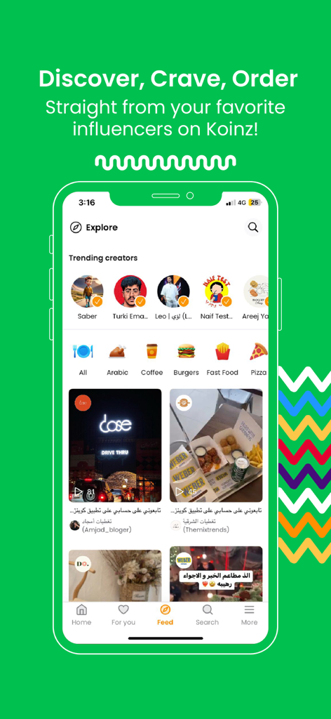 Koinz app explore screen featuring trending food creators and social feed stories