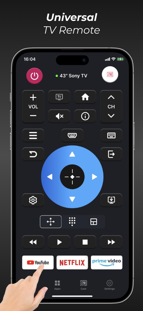 Universal TV Remote · Control - iPhone displaying the Universal TV Remote app interface with navigation buttons and streaming shortcuts