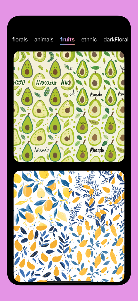 FloralTile -AI flower seamless - Interfaz de la aplicación que muestra diseños de patrones de frutas perfectos generados por IA de aguacate y cítricos.