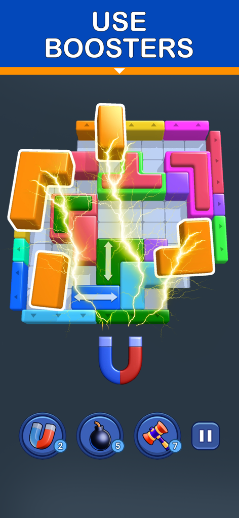 Gameplay screen of Shape Escape Block Puzzle showing a magnet booster and lightning effects over a grid of colorful blocks