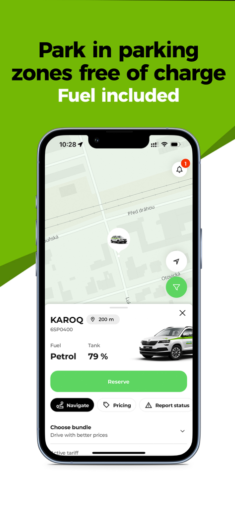 CAR4WAY carsharing - CAR4WAY carsharing app interface showing a map with a nearby vehicle and a reservation screen for a Skoda Karoq