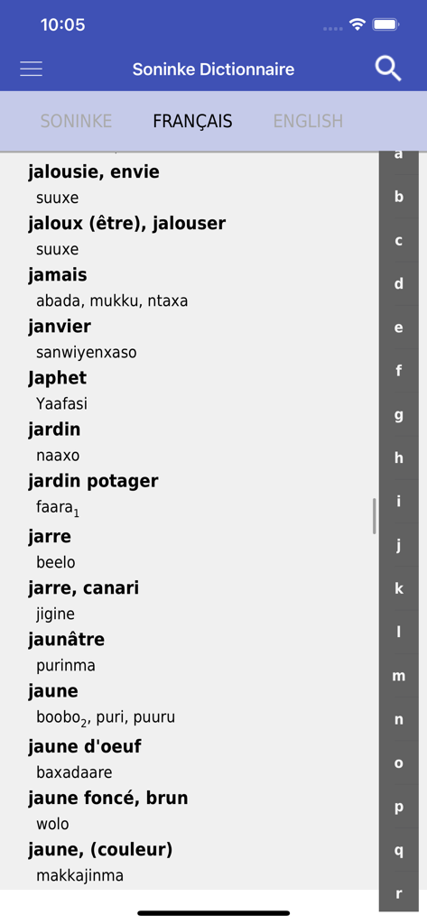 French to Soninke dictionary word list showing translations for terms starting with J