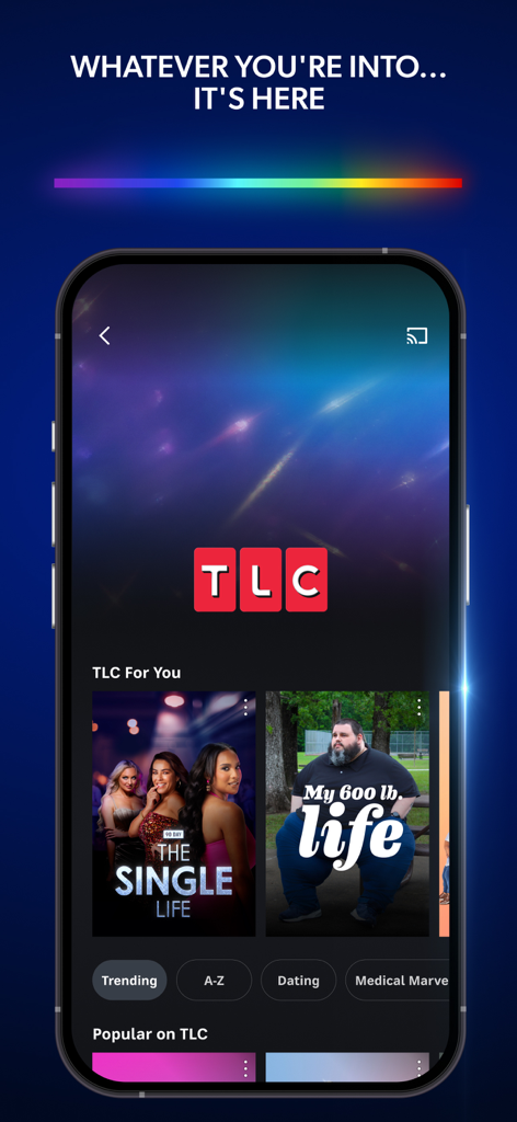 The discovery plus mobile app interface displaying TLC reality shows like 90 Day The Single Life and My 600 lb Life