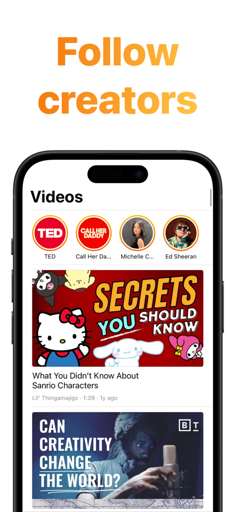 Idiom 앱 화면에는 언어 학습을 위한 동영상 제작자 목록과 인기 동영상 콘텐츠가 표시됩니다.