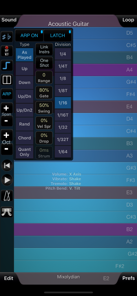 ThumbJam - Interfaz de la aplicación ThumbJam que muestra controles de arpegiador y configuraciones de instrumentos de guitarra acústica en escala Mixolidia.