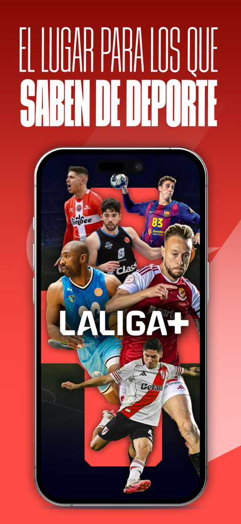 LALIGA+ Live Sports - LALIGA plus mobile app screen featuring professional football basketball and handball players