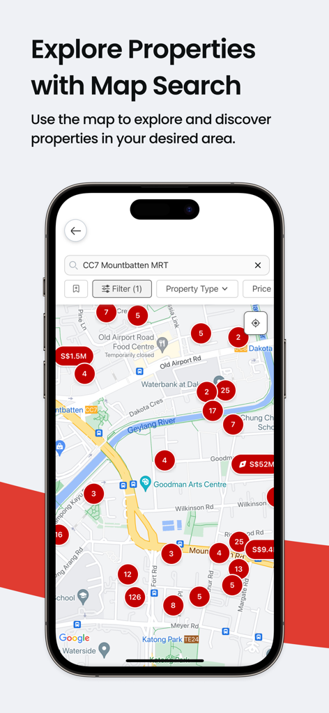 PropertyGuru Singapore - Interactive map search in the PropertyGuru Singapore app showing real estate listings and prices near a metro station