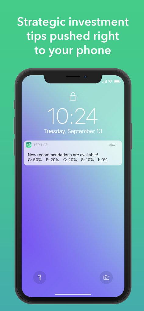 Smartphone lock screen showing a TSP TIPS app notification with fund allocation recommendations