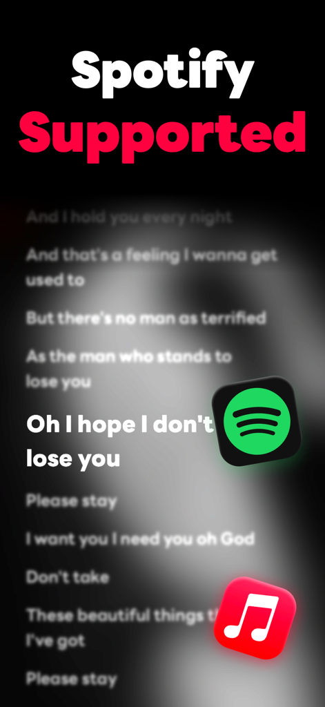 Dynamic Lyrics 2.0-Play in Car - Screenshot of Dynamic Lyrics app highlighting support for Spotify and Apple Music services.