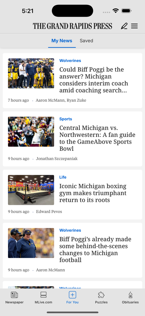Grand Rapids Press - Mobile interface of the Grand Rapids Press app featuring local Michigan news and sports articles