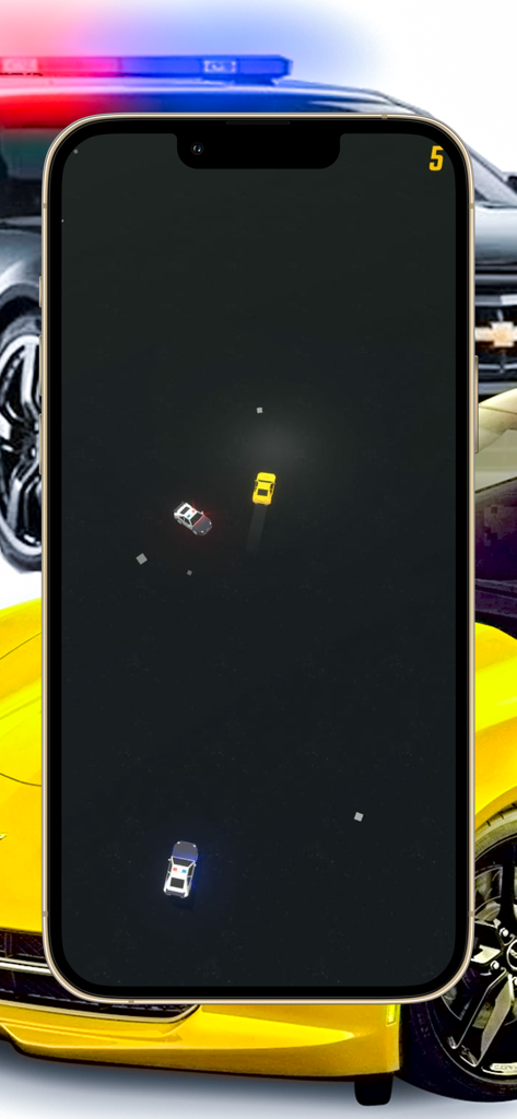Car Driving Police vs Thief - A top down view of a yellow car being chased by police cars on a dark road in the Car Driving Police vs Thief mobile game.