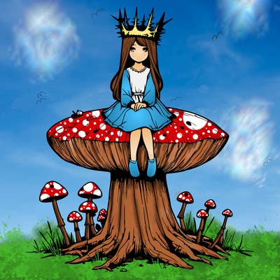 realistic girl sitting on a huge tree stump size toadstool with thorn crown