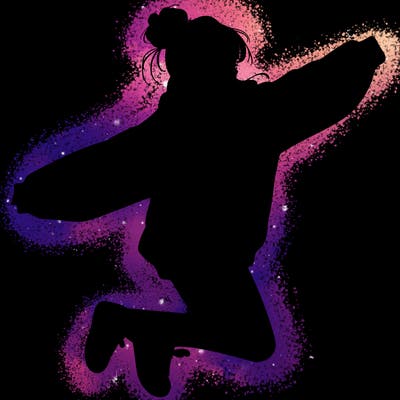 realistic girl jumping with a bun and oversized sweatshirt