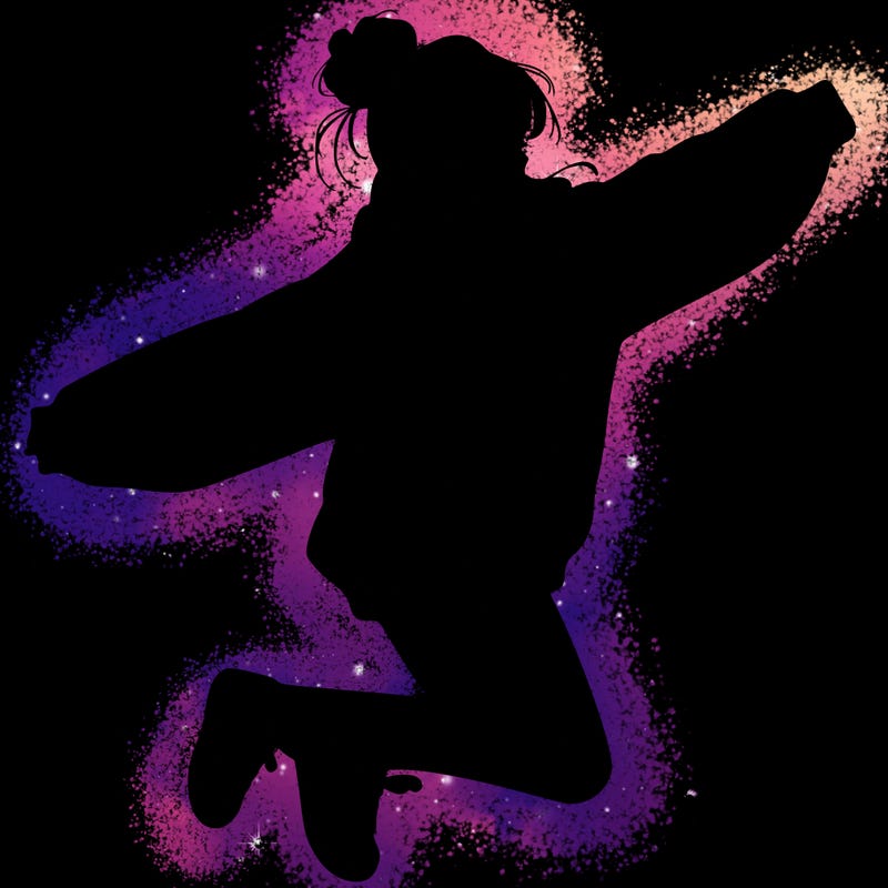 realistic girl jumping with a bun and oversized sweatshirt