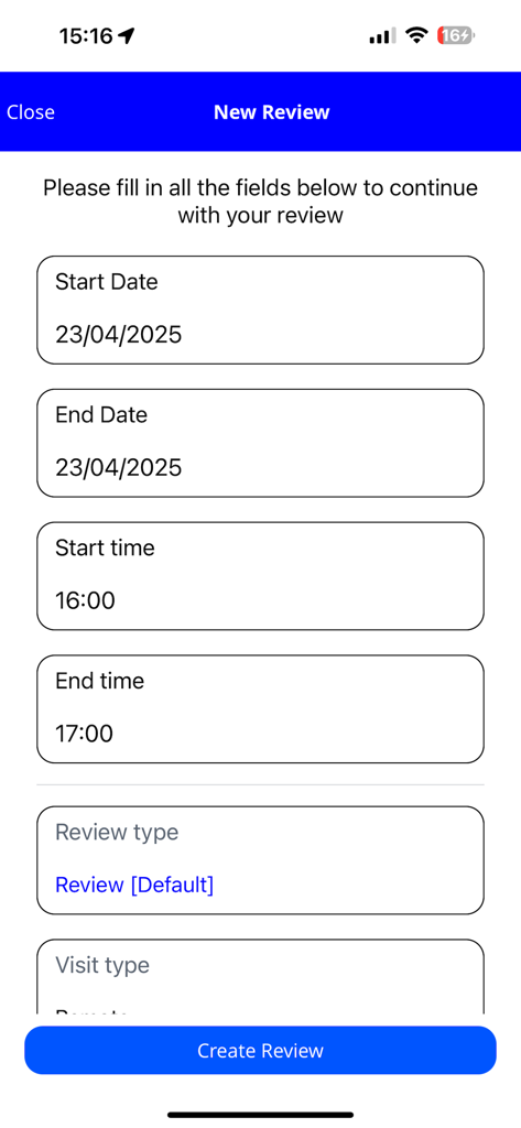 Onefile Eportfolio App - Interface of the Onefile Eportfolio app showing a form to create a new review with fields for start and end dates and times