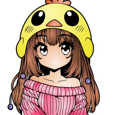 anime girl with chick shaped hat with sweater with bare shoulders with bangs covering them one eye with low tail