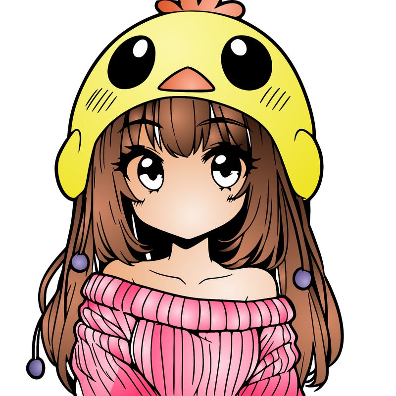 anime girl with chick shaped hat with sweater with bare shoulders with bangs covering them one eye with low tail