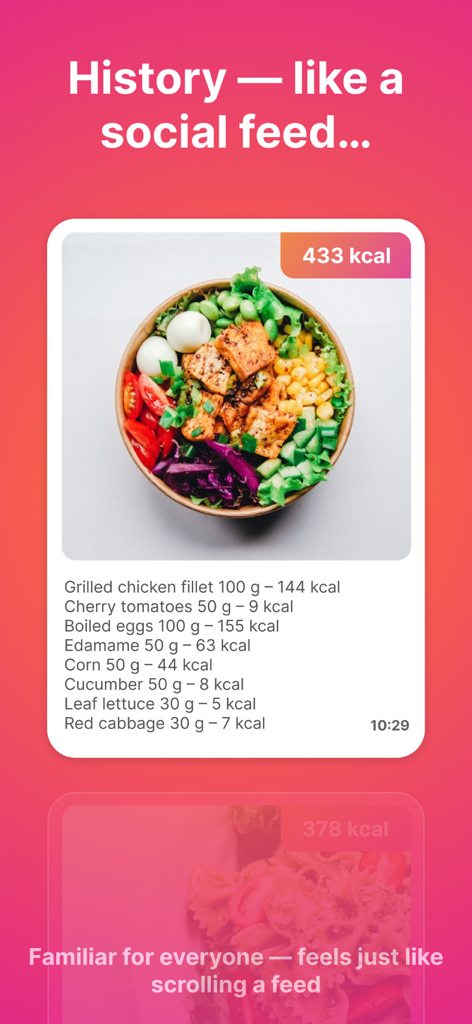 KalorieScan: Calorie Counter - Un historial visual de comidas que muestra los recuentos de calorías y las listas de ingredientes