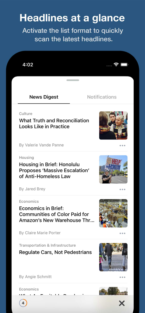 Next City News - Pantalla de la aplicación Next City News mostrando titulares de urbanismo en formato de lista de resumen.