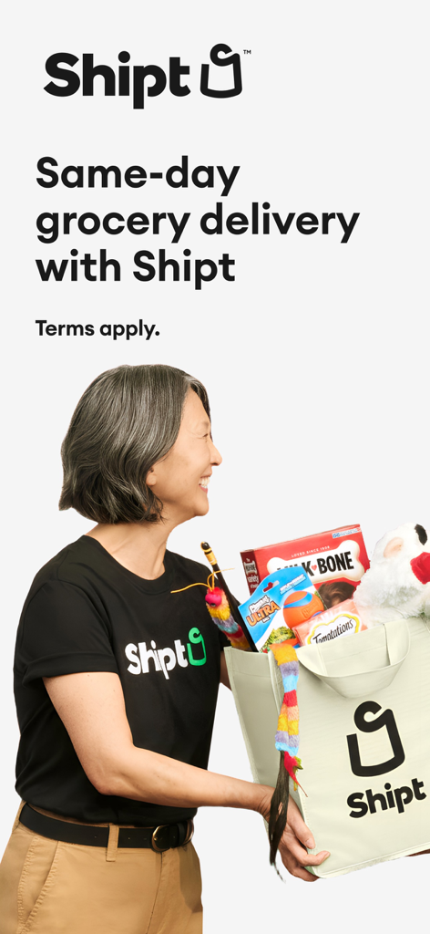 Shipt: Order Grocery Delivery - Un comprador de Shipt sosteniendo una bolsa reutilizable llena de comestibles y artículos para mascotas