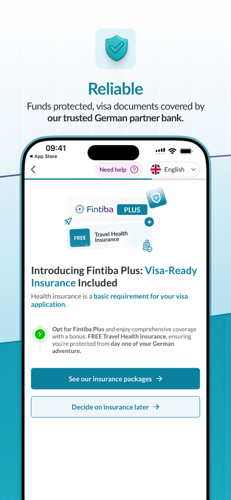 Interface de l'application Fintiba montrant l'assurance maladie prête pour le visa et des informations sur la fiabilité pour la réinstallation en Allemagne