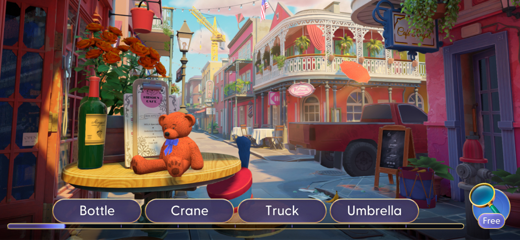 A vibrant hidden object gameplay scene in New Orleans from the Ghost Detective mobile game