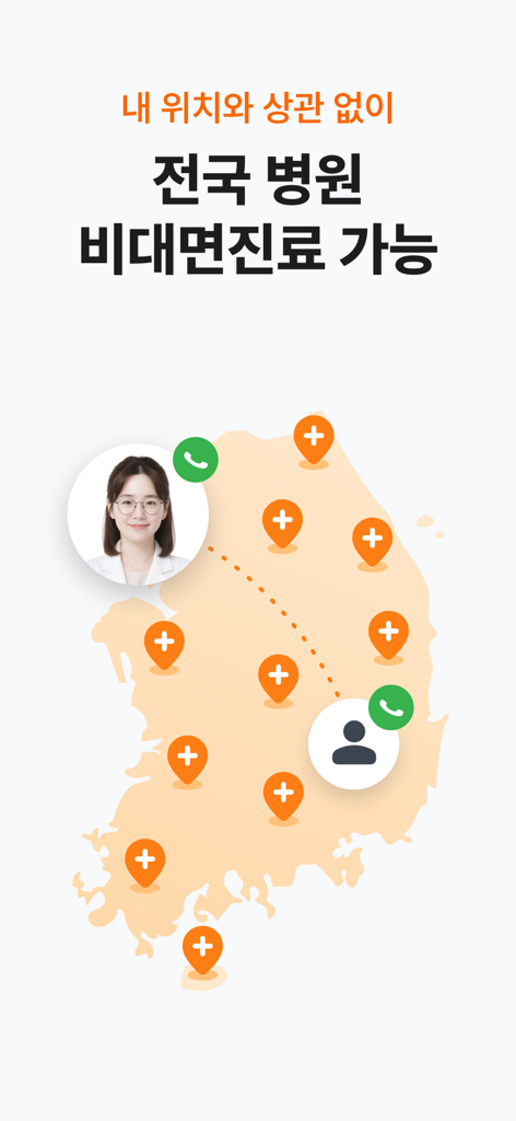 Doctornow 앱을 통해 환자와 의사를 연결하는 전국 원격 의료 서비스를 보여주는 한국 지도