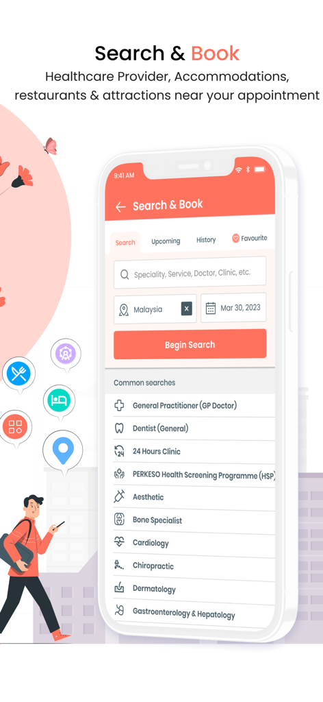 A screenshot of the BookDoc app search interface for booking healthcare providers like doctors and dentists with integrated travel and accommodation options.