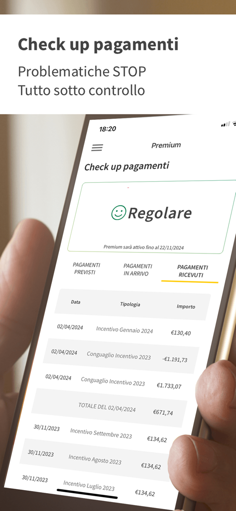 My Solar Family - fotovoltaico - Una interfaz de aplicación móvil que muestra los pagos de incentivos de energía solar y un indicador de estado regular.