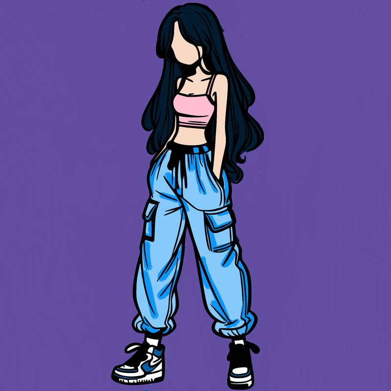 girl in baggy pants crop top and long hair