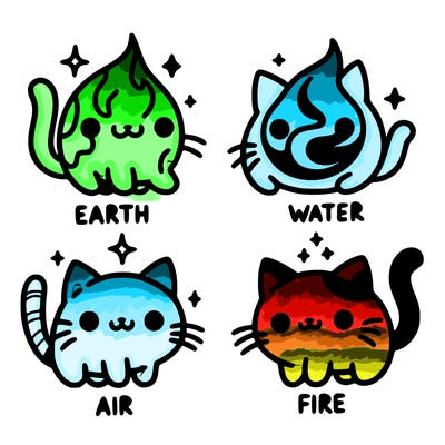 4 cats that represent the different elements, earth, water, air, and fire